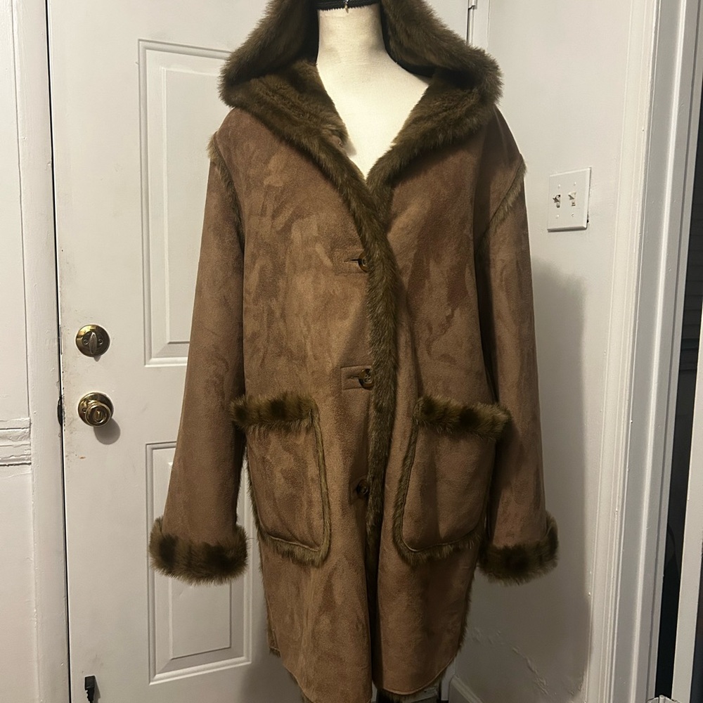 Dennis Basso Tan Teddy Jacket with Faux Fur Trim
